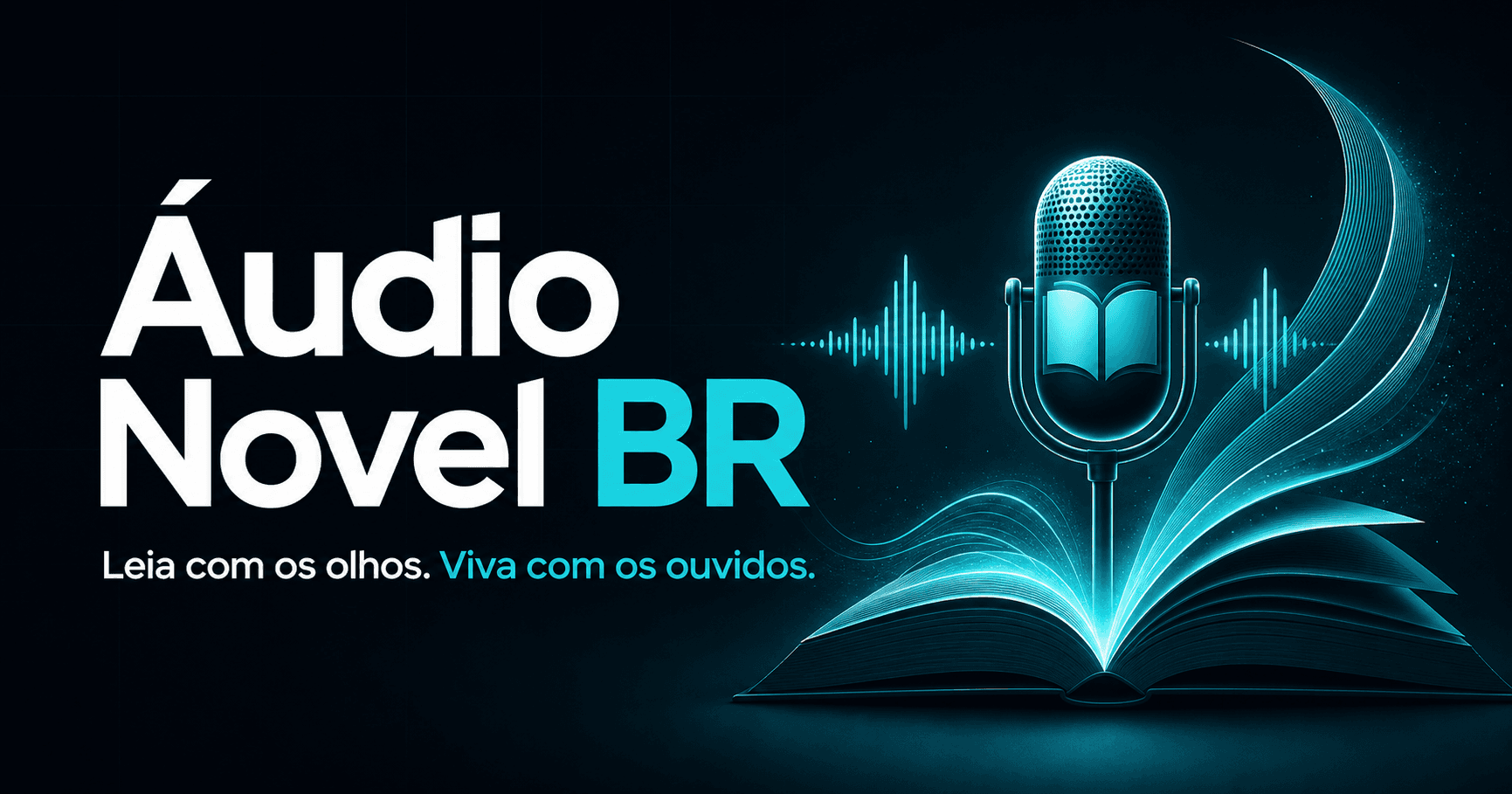 Áudio Novel BR — livro aberto iluminado e microfone com ondas sonoras